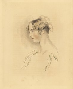 Portret van Mary Isabella Bloxam als jonge vrouw, nicht van Sir Thomas Lawrence. Met haar haar omhoog en gekruld, in een off-the-shoulder jurk. Gravure door Frederick Christian Lewis naar een illustratie van Sir Thomas Lawrence uit P.G. Patmore’s Cabinet o door Frederick Christian Lewis