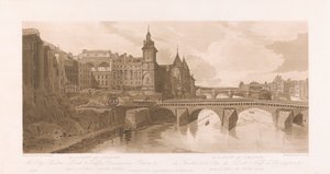 Uitzicht op Pont au Change, Theatre de la Cite, Pont Neuf en de Conciergerie gevangenis door Frederick Christian Lewis the Elder