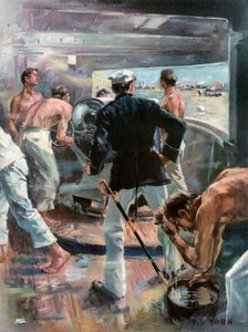 De Slag bij de Baai van Manilla.--Een zes-inch kanon vechten aan boord van de Olympia door Frederick Coffay Yohn
