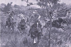 Aanval op een patrouille, uit After Pretoria: The Guerilla War gepubliceerd door Harmsworth Bros Limited, 1901 door Frederick Judd Waugh