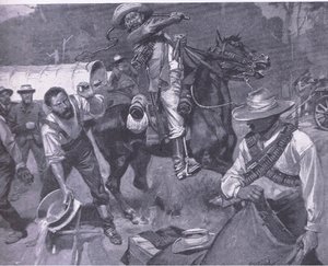 Boerenbehandeling van vredesgezanten: De geseling van Margendaal, uit After Pretoria: The Guerilla War gepubliceerd door Harmsworth Bros Limited, 1901