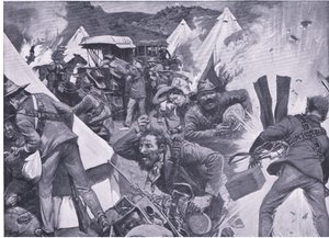 Boeren plunderen het Britse kamp in Nooitgedacht onder artillerievuur, uit After Pretoria: The Guerilla War gepubliceerd door Harmsworth Bros Limited, 1901