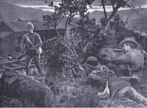 Onwaardige oorlogsvoering: Boeren die een schildwacht beschieten, uit After Pretoria: The Guerilla War gepubliceerd door Harmsworth Bros Limited, 1901