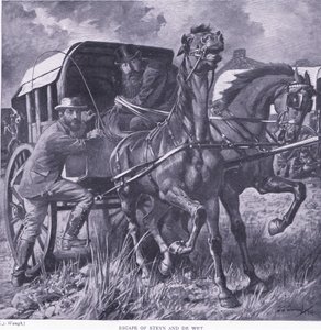 Ontsnapping van Steyn en De Wit, illustratie uit Na Pretoria: De Guerrillaoorlog, 1902