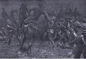 Majoor Boole-Smith pakt De Wet aan, uit After Pretoria: The Guerilla War gepubliceerd door Harmsworth Bros Limited, 1901