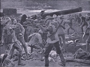 De aanval op Gun Hill: De kanonniers van de marine 47 verrast, uit Na Pretoria: De Guerrillaoorlog gepubliceerd door Harmsworth Bros Limited, 1901
