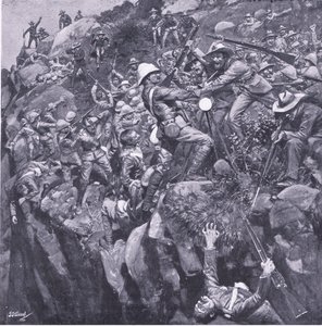 De ramp in Nooitgeddacht: Het einde van een dappere signaalgever, uit After Pretoria: The Guerilla War gepubliceerd door Harmsworth Bros Limited, 1901 door Frederick Judd Waugh