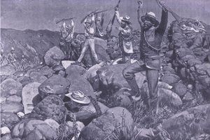 De geveinsde overgave die de Liverpools in een wanhopige positie bracht, illustratie uit Na Pretoria: De Guerrillaoorlog, 1902 door Frederick Judd Waugh