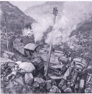 Het ontsporen van een gepantserde trein bij Vlakfontein, illustratie uit Na Pretoria: De Guerrillaoorlog, 1902