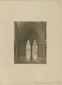 Interieur van de kathedraal van Lichfield - Deur van de kapittelzaal: sepia tekening