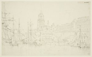 St. Mary Redcliffe en Redcliffe Wharf vanaf Prince Street Bridge door Frederick Mackenzie