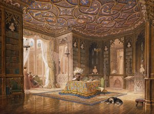 De bibliotheek van Stanmore Hall, het huis van Robert Holland, Esq