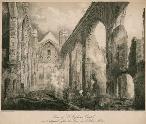 Uitzicht op de Kapel van St. Stephen zoals het verscheen na de brand in oktober 1834 door Frederick Mackenzie