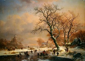 Bevroren winterlandschap met schaatsers