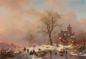 Winterlandschap met figuren die op het ijs spelen, 1868