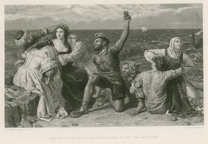 Piraten van de Middellandse Zee spelen dobbelstenen voor gevangenen (gravure) door Frederick Richard Pickersgill