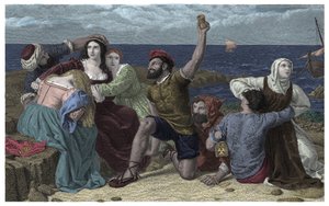 Piraten van de Middellandse Zee spelen gevangenen bij de illustratie door Frederick Richard Pickersgill