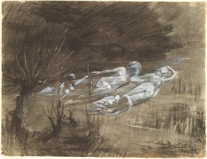 Vrouw drijvend in een rivier begeleid door twee vrouwelijke geesten door Frederick Trapp Friis