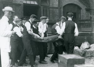 Een team van mannen draagt een alligator onder toezicht van Sir Peter Chalmers Mitchell, London Zoo door Frederick William Bond