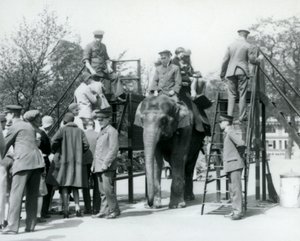Bezoekers in de rij voor een Olifantenrit terwijl anderen instappen met de hulp van vijf verzorgers, London Zoo, 1927