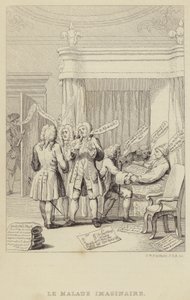 Le Malade Imaginaire: satire die auteur en botanicus John Hill in bed afbeeldt, geraadpleegd door een reeks artsen die allemaal vastbesloten zijn hun honoraria veilig te stellen door Frederick William Fairholt