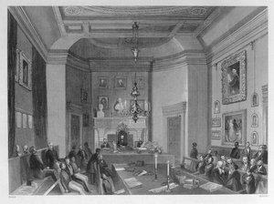 Uitzicht op het interieur van Somerset House, met een bijeenkomst van de Royal Antiquarian Society, ca. 1840 door Frederick William Fairholt