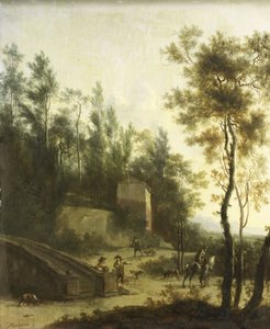Italiaans landschap met jagers door Frederick de (manner of) Moucheron