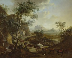 Landschap met een konvooi van paarden en karren
