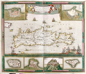 Kaart van het eiland Kreta, met uitzichten op de versterkte steden La Cane en Heraklion en de forten van Spinalonga, Retino, Thine en Souda