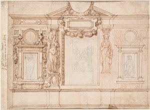 Ontwerp voor een muurschildering met ingeplakte schetsen naar Raphael (verso)