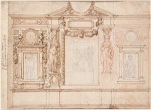 Ontwerp voor een wanddecoratie met ingeplakte schetsen naar Raphael verso, ca. 1580s-90s
