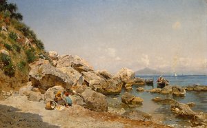 Op het strand, Capri met Vesuvius op de achtergrond