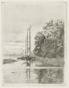 Riviergezicht met twee schepen en een schuit door Fredericus Jacobus van Rossum du Chattel (signed by artist)