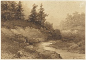 Heuvelachtig landschap met een rivier door Frederik Hendrik Kaemmerer