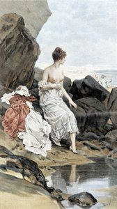 Vrouw bij de zee die in het geheim baadt - allegorie van de zomer, kalender geïllustreerd door Hubert Dys, geschilderd door F.H. Kaemmerer door Frederik Hendrik Kaemmerer