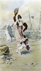 Vrouw aan de kust - allegorie van het vroege voorjaar, kalender geïllustreerd door Hubert Dys, geschilderd door F.H. Kaemmerer door Frederik Hendrik Kaemmerer