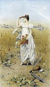 Vrouw met tarwe en klaprozen - late zomer allegorie, kalender geïllustreerd door Hubert Dys, geschilderd door F.H. Kaemmerer door Frederik Hendrik Kaemmerer