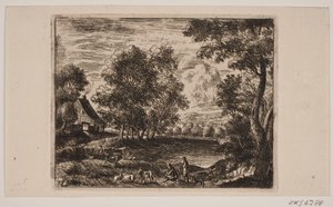 Landschap. Op de voorgrond geiten en herders