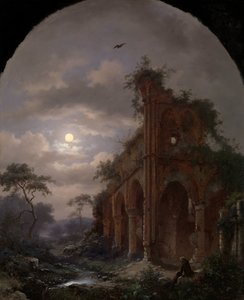 Mediterende monnik bij een ruïne bij nacht door Frederik Marinus Kruseman (signed by artist)