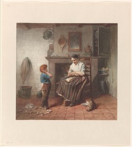 Interieur met een jongetje, een vlieger en een vrouw