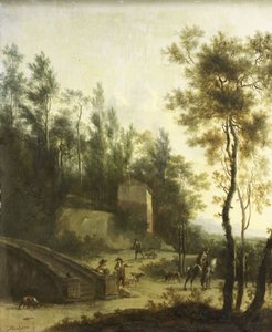 Italiaans landschap met jagers door Frederik de Moucheron