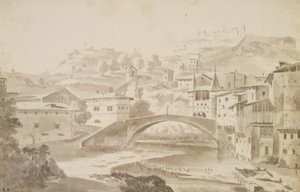 Vienne, nabij Lyon. Pont Saint-Martin over de rivier Gére. Links Prieuré de Saint-Martin, rechts Porte de la Rochette en kasteel Pipet door Frederik de Moucheron