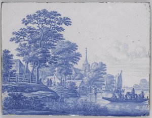 Rechthoekige plaque met rivierlandschap