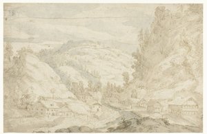 Gezicht op een dal met een dorp en een bergbeekje (Schetsboek) door Frederik van Valckenborch