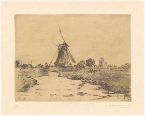 Molen aan een sloot door Frederika Henriëtte Broeksmit (signed by artist)