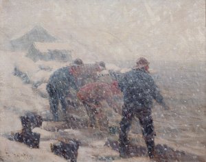 Vissers trekken het sleepnet in een sneeuwstorm