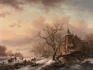 Kasteel in een winterlandschap en schaatsers op een bevroren rivier door Fredrik Marinus Kruseman