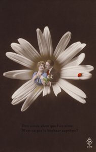 Een jong koppel in het midden van een bloem met een lieveheersbeestje