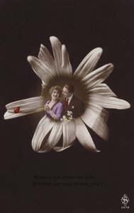 Een jong koppel in het midden van een bloem met een lieveheersbeestje