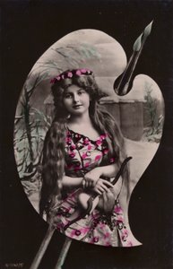 Een jonge vrouw met een boog en pijl afgebeeld op een kunstenaars palet door French Photographer